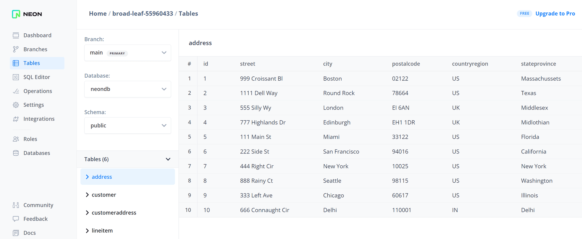 Neon database seeded with data